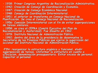 1938: Primer Congreso Argentino de Racionalización Administrativa. 1942: Creación de Consejo de Coordinación y Economía. 1947: Creación de Consejo Económico Nacional. 1948: Consejo de Coordinación Interministerial. 1951: el anterior se transforma en Consejo Nacional de Planificación. Se crea el Consejo Nacional de Racionalización. 1956: Comisión Interministerial con el fin de evitar superposiciones de tareas similares. 1958: se crea el CEPRA (Comité Ejecutivo del Plan de Racionalización y Austeridad). Fue disuelto en 1962. 1978: Instituto Nacional de Administración Pública. 1992: dentro del área de la presidencia de desenvuelve la Secretaría de las Finanzas Públicas que ejerce la supervisión del accionar del Instituto Nacional de Administración Pública.   FIN: reorganizar la estructura orgánica y funcional, eludir superposición de tareas. Uniformar la estructura en cuanto a u7bicacion, denominación presupuestaria. Evitar exceso de personal. Capacitar al personal. 