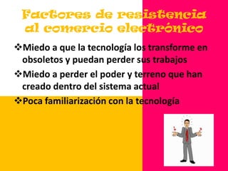 Interconexión con los ciudadanos: Se necesitará una mezcla apropiada de canales de suministro, para asegurar que el gobierno electrónico esté al alcance de los ciudadanos y que los usuarios puedan tener acceso al mismo.Capital: los planes de trabajo del gobierno electrónico deben identificar flujos de ingresos, tales como cobro a los usuarios, suscripciones o presupuestos, que ayudarán a alcanzar el equilibrio financiero.Factores de resistencia al comercio electrónicoMiedo a que la tecnología los transforme en obsoletos y puedan perder sus trabajos