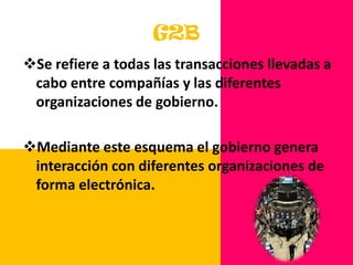 G2BSe refiere a todas las transacciones llevadas a cabo entre compañías y las diferentes organizaciones de gobierno. 