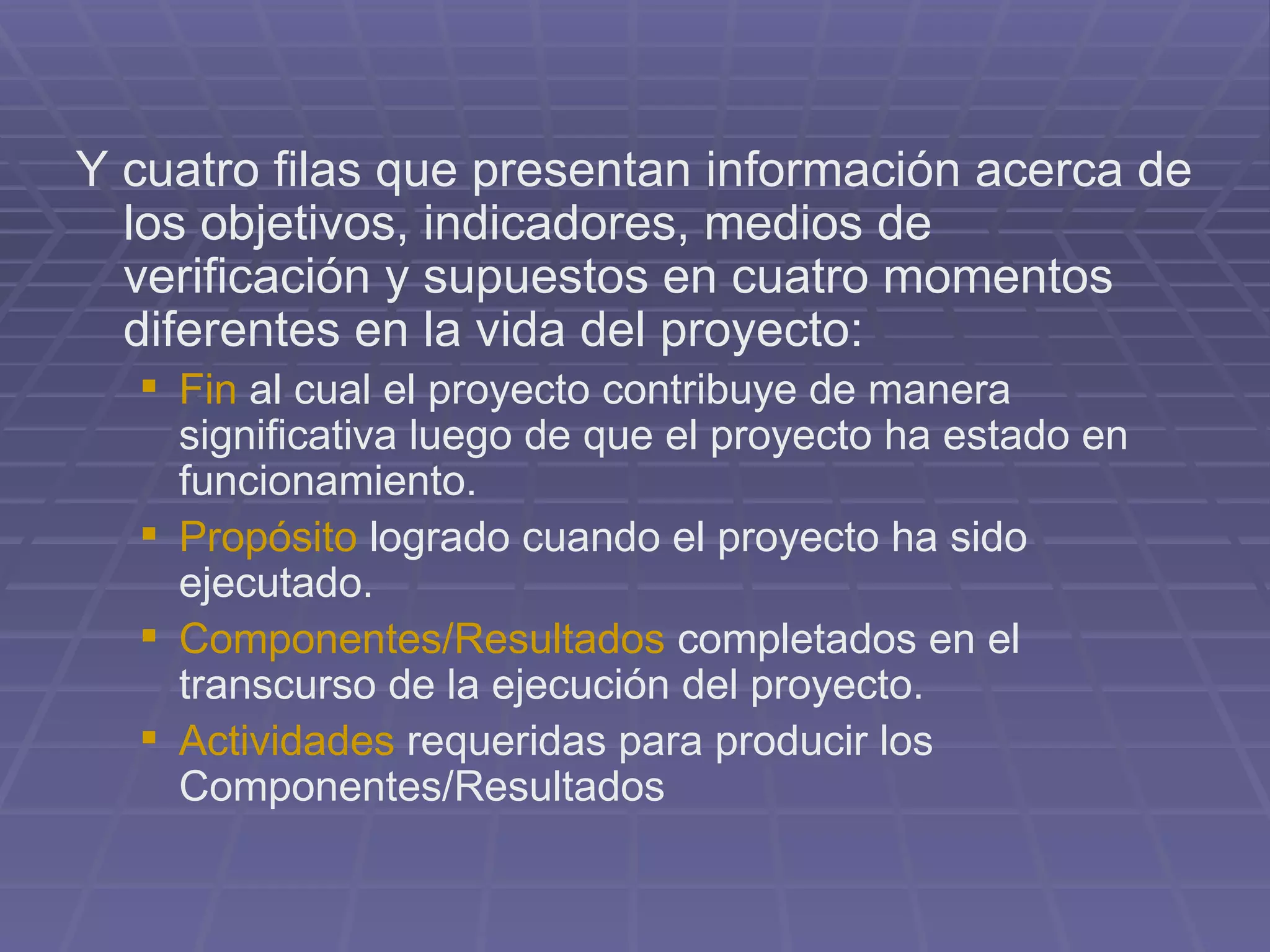 Y cuatro filas que presentan información acerca de los objetivos, indicadores, medios de verificación y supuestos en cuatro momentos diferentes en la vida del proyecto:  Fin  al cual el proyecto contribuye de manera significativa luego de que el proyecto ha estado en funcionamiento.  Propósito  logrado cuando el proyecto ha sido ejecutado.  Componentes/Resultados  completados en el transcurso de la ejecución del proyecto.  Actividades  requeridas para producir los Componentes/Resultados  