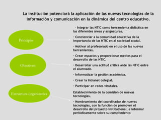 La institución potenciará la aplicación de las nuevas tecnologías de la información y comunicación en la dinámica del centro educativo. Principio Objetivos Estructura organizativa ·  Integrar las NTIC como herramienta didáctica en las diferentes áreas y asignaturas. · Concienciar a la comunidad educativa de la importancia de las NTIC en al sociedad acutal. · Motivar al profesorado en el uso de las nuevas herramientas. · Crear espacios y proporcionar medios para el desarrollo de las NTIC. · Desarrollar una actitud crítica ante las NTIC entre el alumnado. · Informatizar la gestión académica. · Crear la Intranet colegial. · Participar en redes virutales.  Establecimiento de la comisión de nuevas tecnologías. · Nombramiento del coordinador de nuevas tecnologías, con la función de promover el desarrollo del proyecto institucional, e informar periódicamente sobre su cumplimiento .  
