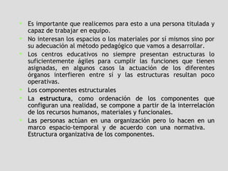 Es importante que realicemos para esto a una persona titulada y capaz de trabajar en equipo.  No interesan los espacios o los materiales por sí mismos sino por su adecuación al método pedagógico que vamos a desarrollar.  Los centros educativos no siempre presentan estructuras lo suficientemente ágiles para cumplir las funciones que tienen asignadas, en algunos casos la actuación de los diferentes órganos interfieren entre sí y las estructuras resultan poco operativas.   Los componentes estructurales La  estructura , como ordenación de los componentes que configuran una realidad, se compone a partir de la interrelación de los recursos humanos, materiales y funcionales.  Las personas actúan en una organización pero lo hacen en un marco espacio-temporal y de acuerdo con una normativa.     Estructura organizativa de los componentes. 