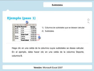 Ejemplo (paso 1) Versión:  Microsoft Excel 2007 Subtotales Columna de subtotales que se desean calcular. Subtotales Haga clic en una celda de la columna cuyos subtotales se desea calcular. En el ejemplo, debe hacer clic en una celda de la columna Deporte, columna B. 