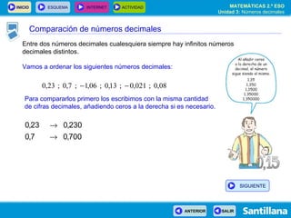 Entre dos números decimales cualesquiera siempre hay infinitos números decimales distintos. Vamos a ordenar los siguientes números decimales: Para compararlos primero los escribimos con la misma cantidad de cifras decimales, añadiendo ceros a la derecha si es necesario. Comparación de números decimales SIGUIENTE 