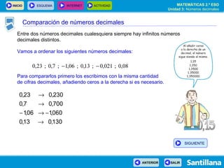 Entre dos números decimales cualesquiera siempre hay infinitos números decimales distintos. Vamos a ordenar los siguientes números decimales: Para compararlos primero los escribimos con la misma cantidad de cifras decimales, añadiendo ceros a la derecha si es necesario. Comparación de números decimales SIGUIENTE 