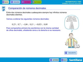 Entre dos números decimales cualesquiera siempre hay infinitos números decimales distintos. Vamos a ordenar los siguientes números decimales: Para compararlos primero los escribimos con la misma cantidad de cifras decimales, añadiendo ceros a la derecha si es necesario. Comparación de números decimales SIGUIENTE 