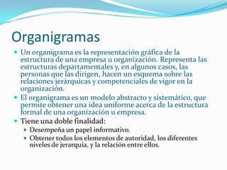 Organigramas
 Un organigrama es la representación gráfica de la
  estructura de una empresa u organización. Representa las
  estructuras departamentales y, en algunos casos, las
  personas que las dirigen, hacen un esquema sobre las
  relaciones jerárquicas y competenciales de vigor en la
  organización.
 El organigrama es un modelo abstracto y sistemático, que
  permite obtener una idea uniforme acerca de la estructura
  formal de una organización u empresa.
 Tiene una doble finalidad:
   Desempeña un papel informativo.
   Obtener todos los elementos de autoridad, los diferentes
    niveles de jerarquía, y la relación entre ellos.
 