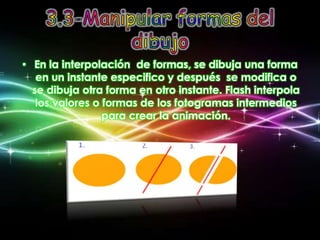 • En la interpolación de formas, se dibuja una forma
   en un instante especifico y después se modifica o
  se dibuja otra forma en otro instante. Flash interpola
   los valores o formas de los fotogramas intermedios
                 para crear la animación.
 