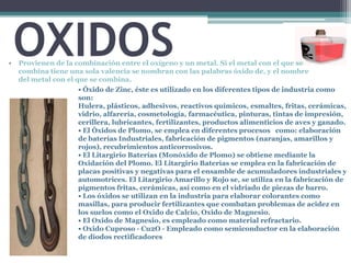 •
    OXIDOS
    Provienen de la combinación entre el oxígeno y un metal. Si el metal con el que se
    combina tiene una sola valencia se nombran con las palabras óxido de, y el nombre
    del metal con el que se combina.
                      • Óxido de Zinc, éste es utilizado en los diferentes tipos de industria como
                      son:
                      Hulera, plásticos, adhesivos, reactivos químicos, esmaltes, fritas, cerámicas,
                      vidrio, alfarería, cosmetología, farmacéutica, pinturas, tintas de impresión,
                      cerillera, lubricantes, fertilizantes, productos alimenticios de aves y ganado.
                      • El Óxidos de Plomo, se emplea en diferentes procesos como: elaboración
                      de baterías Industriales, fabricación de pigmentos (naranjas, amarillos y
                      rojos), recubrimientos anticorrosivos.
                      • El Litargirio Baterías (Monóxido de Plomo) se obtiene mediante la
                      Oxidación del Plomo. El Litargirio Baterías se emplea en la fabricación de
                      placas positivas y negativas para el ensamble de acumuladores industriales y
                      automotrices. El Litargirio Amarillo y Rojo se, se utiliza en la fabricación de
                      pigmentos fritas, cerámicas, así como en el vidriado de piezas de barro.
                      • Los óxidos se utilizan en la industria para elaborar colorantes como
                      masillas, para producir fertilizantes que combatan problemas de acidez en
                      los suelos como el Oxido de Calcio, Oxido de Magnesio.
                      • El Oxido de Magnesio, es empleado como material refractario.
                      • Oxido Cuproso - Cu2O - Empleado como semiconductor en la elaboración
                      de diodos rectificadores
 