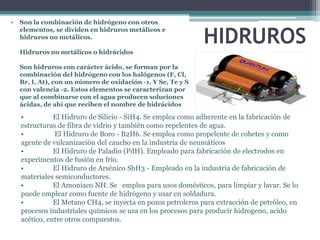 •   Son la combinación de hidrógeno con otros


                                                              HIDRUROS
    elementos, se dividen en hidruros metálicos e
    hidruros no metálicos.

    Hidruros no metálicos o hidrácidos

    Son hidruros con carácter ácido, se forman por la
    combinación del hidrógeno con los halógenos (F, Cl,
    Br, I, At), con un número de oxidación -1. Y Se, Te y S
    con valencia -2. Estos elementos se caracterizan por
    que al combinarse con el agua producen soluciones
    ácidas, de ahí que reciben el nombre de hidrácidos

    •          El Hidruro de Silicio - SiH4. Se emplea como adherente en la fabricación de
    estructuras de fibra de vidrio y también como repelentes de agua.
    •          El Hidruro de Boro - B2H6. Se emplea como propelente de cohetes y como
    agente de vulcanización del caucho en la industria de neumáticos
    •          El Hidruro de Paladio (PdH). Empleado para fabricación de electrodos en
    experimentos de fusión en frío.
    •          El Hidruro de Arsénico SbH3 - Empleado en la industria de fabricación de
    materiales semiconductores.
    •          El Amoniaco NH. Se emplea para usos domésticos, para limpiar y lavar. Se lo
    puede emplear como fuente de hidrógeno y usar en soldadura.
    •          El Metano CH4, se inyecta en pozos petroleros para extracción de petróleo, en
    procesos industriales químicos se usa en los procesos para producir hidrogeno, acido
    acético, entre otros compuestos.
 