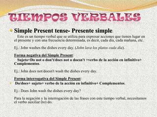  Simple Present tense- Presente simple.
    Este es un tiempo verbal que se utiliza para expresar acciones que tienen lugar en
  el presente y con una frecuencia determinada, es decir, cada día, cada mañana, etc.
  Ej.: John washes the dishes every day. (John lava los platos cada día).
  Forma negativa del Simple Present:
   Sujeto+Do not o don't/does not o doesn't +verbo de la acción en infinitivo+
  Complementos.
  Ej.: John does not/doesn't wash the dishes every day.
  Forma interrogativa del Simple Present:
 Do/does+ sujeto+ verbo de la acción en infinitivo+ Complementos.

  Ej.: Does John wash the dishes every day?
  Para la negación y la interrogación de las frases con este tiempo verbal, necesitamos
  el verbo auxiliar (to) do.
 