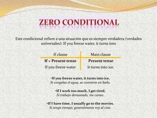 Este condicional refiere a una situación que es siempre verdadera (verdades
               universales): If you freeze water, it turns into

                      If clause                 Main clause
                 If + Present tense            Present tense
                 If you freeze water          it turns into ice.

                    •If you freeze water, it turns into ice.
                    Si congelas el agua, se convierte en hielo.

                       •If I work too much, I get tired.
                        Si trabajo demasiado, me canso.

                  •If I have time, I usually go to the movies.
                    Si tengo tiempo, generalmente voy al cine.
 