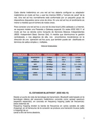 Cada cliente inalámbrico en una red ad hoc debería configurar su adaptador
inalámbrico en modo ad hoc y usar los mismos SSID y “número de canal” de la
red. Una red ad hoc normalmente está conformada por un pequeño grupo de
dispositivos dispuestos cerca unos de otros. En una red ad hoc el rendimiento es
menor a medida que el número de nodos crece.

Para conectar una red ad hoc a una red de área local (LAN) cableada o a Internet,
se requiere instalar una Pasarela o Gateway especial. En redes IEEE 802.11 el
modo ad hoc se denota como Conjunto de Servicios Básicos Independientes
(IBSS -Independent Basic Service Set). A medida que disminuimos la gestión
centralizada, o nos alejamos de ella, nos encontramos moviéndonos en la
dirección de una operación ad hoc pura, que también puede ser clasificada en
términos de saltos simples o múltiples.

                                  TIPOS DE TECNOLOGÍAS




DISTRIBUCION TECNOLOGÍA              VELOCIDAD           DISTANCIA   FRECUENCIA
     WPAN             BLUETOOTH          3 Mbps            10 m        2.4 GHz
Redes inalámbricas       DECT            2 Mbps            200 m       1.9 GHz
 de área personal     INFRAROJO          16 Mbps            2m         3-6 GHz
     WLAN                WIFI           500 Mbps           300 m      2.4 – 5 GHz
Redes inalámbricas     HOMERF           100 Mbps            50 m       2.4 GHz
   de área local       HIPERLAN          10 Mbps            50 m        5 GHz

    WMAN               LMDS              8 Mbps            35 Km        2.8 GHz
Redes inalámbricas     WIMAX             70 Mbps           50 Km       2-11 GHz
     de área
  metropolitana




                     EL ESTANDAR BLUETHOOT (IEEE 802.15)

Desde un punto de vista de tecnología de transmisión, Bluetooth está basado en la
tecnología clásica del escenario inalámbrico conocida como spread spectrum
(espectro esparcido), en concreto en frequency hopping (salto de frecuencia):
estos sistemas de
frequency hopping dividen la banda de frecuencia en varios canales de salto
(hopping); en el transcurso de la conexión se produce una transición brusca (salto
o hopping) de un
canal a otro de forma aleatoria.

                                                                                    3
 