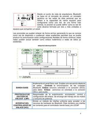 Desde un punto de vista de arquitectura, Bluetooth
                           se basa en el concepto de picored, un concepto
                           genérico en las redes de área personal que se
                           refiere a la capacidad de varios equipos para
                           configurarse como una red; de una forma más
                           estricta, la picored se puede definir como la red de
                           corto alcance formada por dos o más unidades o
equipos que comparten un canal.

Las picorredes se pueden enlazar de forma ad-hoc generando lo que se conoce
como red de dispersión o scatternet: estas scatternets permiten que se pueda
producir la comunicación entre configuraciones flexibles de forma continua; estas
redes pueden actuar también como enlace inalámbrico a redes de datos ya
existentes.

                             ARQUITECTURA BLUETOOTH




                       Implementa el canal físico real. Emplea una secuencia aleatoria
                       de saltos     Controla la sincronización de las unidades
   BANDA BASE          Bluetooth. Enlace síncrono orientado a la conexión (SCO),
                       para datos Enlace asíncrono no orientado a la conexión
                       (ACL), para audio.
 PROTOCOLO DE          Responsable de la autenticación, encriptación, control y
   GESTIÓN DE          configuración del enlace. Se encarga del manejo de los modos
  ENLACE (LMP)         y consumo de potencia.
                       Brinda un método de interfaz uniforme para acceder a los
  INTERFAZ DEL         recursos de hardware de Bluetooth. Éste contiene una interfaz
CONTROLADOR DE         de comando para el controlador banda base y la L2CAP
   ENLACE (HCI)


                                                                                4
 
