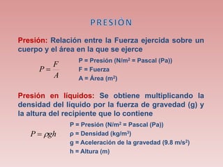 Presión: Relación entre la Fuerza ejercida sobre un
cuerpo y el área en la que se ejerce
A
F
P 
P = Presión (N/m2 = Pascal (Pa))
F = Fuerza
A = Área (m2)
Presión en líquidos: Se obtiene multiplicando la
densidad del líquido por la fuerza de gravedad (g) y
la altura del recipiente que lo contiene
ghP 
P = Presión (N/m2 = Pascal (Pa))
ρ = Densidad (kg/m3)
g = Aceleración de la gravedad (9.8 m/s2)
h = Altura (m)
 