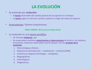 LA EVOLUCIÓN
•   Se entiende por evolución:
     – El hecho observable del cambio gradual de las especies en el tiempo.
     – La teoría según la cuál esos cambios explican el origen de todas las especies.

•   Antecedentes: Fijismo-creacionismo.
                     VÍDEO: COSMOS - 02 Una voz en la fuga cósmica

•   La evolución es una teoría científica:
     – Se formulan hipótesis, que
     – Se comprueban mediante experimentos u observaciones de hechos. Las hipótesis
       encuentran evidencias observables que las apoyan. Son las pruebas de la
       evolución.
        1. Paleontológicas (fósiles).
        2. Bioquímicas (biomoléculas – metabolismo – proteínas/ADN).
        3. Anatómicas (órganos homólogos – vestigiales).
        4. Biogeográficas.
        5. Embriológicas.
        6. Filogenéticas.
 