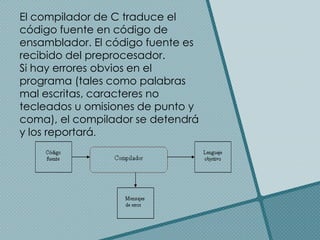 El compilador de C traduce el
código fuente en código de
ensamblador. El código fuente es
recibido del preprocesador.
Si hay errores obvios en el
programa (tales como palabras
mal escritas, caracteres no
tecleados u omisiones de punto y
coma), el compilador se detendrá
y los reportará.
 