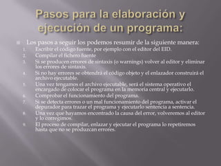  Los pasos a seguir los podemos resumir de la siguiente manera:
1. Escribir el código fuente, por ejemplo con el editor del EID.
2. Compilar el fichero fuente
3. Si se producen errores de sintaxis (o warnings) volver al editor y eliminar
los errores de sintaxis.
4. Si no hay errores se obtendrá el código objeto y el enlazador construirá el
archivo ejecutable.
5. Una vez tengamos el archivo ejecutable, será el sistema operativo el
encargado de colocar el programa en la memoria central y ejecutarlo.
6. Comprobar el funcionamiento del programa.
7. Si se detecta errores o un mal funcionamiento del programa, activar el
depurador para trazar el programa y ejecutarlo sentencia a sentencia.
8. Una vez que hayamos encontrado la causa del error, volveremos al editor
y lo corregimos.
9. El proceso de compilar, enlazar y ejecutar el programa lo repetiremos
hasta que no se produzcan errores.
 
