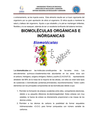 UNIVERSIDAD TÉCNICA DE MACHALA
DIRECCIÓN DE NIVELACIÓN Y ADMISIÓN
SISTEMA NACIONAL DE NIVELACIÓN Y ADMISIÓN
o entrenamiento, se les inyecta avena. Este alimento resulta ser un buen vigorizante del
organismo por su gran aportación de silicio al organismo. El silicio ayuda a mantener la
salud y belleza del organismo. Ayuda a que elcabello y la piel se mantengan brillantes,
flexibles y no se resequen, además de ser un excelente tonificante del sistema nervioso.
Las biomoléculas son las moléculas constituyentes de los seres vivos. Los
seis elementos químicos o bioelementos más abundantes en los seres vivos son
el carbono, hidrógeno, oxígeno,nitrógeno, fósforo y azufre (C,H,O,N,P,S) representando
alrededor del 99% de la masa de la mayoría de las células, con ellos se crean todo tipos
de sustancias o biomoléculas (proteínas,aminoácidos, neurotransmisores).1
Estos cuatro
elementos son los principales componentes de las biomoléculas debido a que:
1. Permiten la formación de enlaces covalentes entre ellos, compartiendo electrones,
debido a su pequeña diferencia de electronegatividad. Estos enlaces son muy
estables, la fuerza de enlace es directamente proporcional a las masas de los
átomos unidos.
2. Permiten a los átomos de carbono la posibilidad de formar esqueletos
tridimensionales –C-C-C- para formar compuestos con número variable de
carbonos.
BIOMOLÉCULAS ORGÁNICAS E
INÓRGANICAS
 