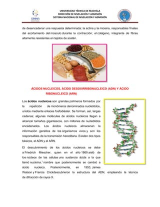 UNIVERSIDAD TÉCNICA DE MACHALA
DIRECCIÓN DE NIVELACIÓN Y ADMISIÓN
SISTEMA NACIONAL DE NIVELACIÓN Y ADMISIÓN
de desencadenar una respuesta determinada; la actina y la miosina, responsables finales
del acortamiento del músculo durante la contracción; el colágeno, integrante de fibras
altamente resistentes en tejidos de sostén.
ÁCIDOS NUCLEICOS, ÁCIDO DESOXIRRIBONUCLEICO (ADN) Y ÁCIDO
RIBONUCLEICO (ARN)
Los ácidos nucleicos son grandes polímeros formados por
la repetición de monómeros denominados nucleótidos,
unidos mediante enlaces fosfodiéster. Se forman, así, largas
cadenas; algunas moléculas de ácidos nucleicos llegan a
alcanzar tamaños gigantescos, con millones de nucleótidos
encadenados. Los ácidos nucleicos almacenan la
información genética de los organismos vivos y son los
responsables de la transmisión hereditaria. Existen dos tipos
básicos, el ADN y el ARN.
El descubrimiento de los ácidos nucleicos se debe
a Friedrich Miescher, quien en el año 1869 aisló de
los núcleos de las células una sustancia ácida a la que
llamó nucleína,1
nombre que posteriormente se cambió a
ácido nucleico. Posteriormente, en 1953, James
Watson y Francis Crickdescubrieron la estructura del ADN, empleando la técnica
de difracción de rayos X.
 