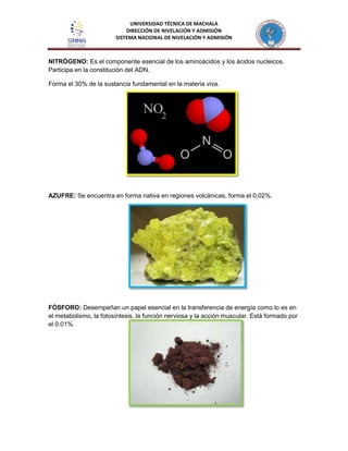 UNIVERSIDAD TÉCNICA DE MACHALA
DIRECCIÓN DE NIVELACIÓN Y ADMISIÓN
SISTEMA NACIONAL DE NIVELACIÓN Y ADMISIÓN
NITRÓGENO: Es el componente esencial de los aminoácidos y los ácidos nucleicos.
Participa en la constitución del ADN.
Forma el 30% de la sustancia fundamental en la materia viva.
AZUFRE: Se encuentra en forma nativa en regiones volcánicas, forma el 0.02%.
FÓSFORO: Desempeñan un papel esencial en la transferencia de energía como lo es en
el metabolismo, la fotosíntesis, la función nerviosa y la acción muscular. Está formado por
el 0.01%.
 