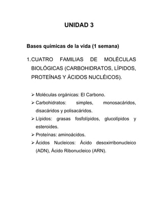UNIDAD 3
Bases químicas de la vida (1 semana)
1.CUATRO FAMILIAS DE MOLÉCULAS
BIOLÓGICAS (CARBOHIDRATOS, LÍPIDOS,
PROTEÍNAS Y ÁCIDOS NUCLÉICOS).
 Moléculas orgánicas: El Carbono.
 Carbohidratos: simples, monosacáridos,
disacáridos y polisacáridos.
 Lípidos: grasas fosfolípidos, glucolípidos y
esteroides.
 Proteínas: aminoácidos.
 Ácidos Nucleicos: Ácido desoxirribonucleico
(ADN), Ácido Ribonucleico (ARN).
 