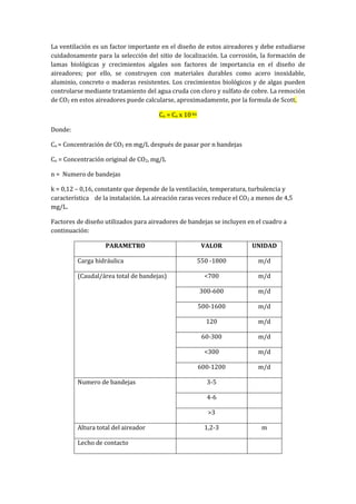 La ventilación es un factor importante en el diseño de estos aireadores y debe estudiarse
cuidadosamente para la selección del sitio de localización. La corrosión, la formación de
lamas biológicas y crecimientos algales son factores de importancia en el diseño de
aireadores; por ello, se construyen con materiales durables como acero inoxidable,
aluminio, concreto o maderas resistentes. Los crecimientos biológicos y de algas pueden
controlarse mediante tratamiento del agua cruda con cloro y sulfato de cobre. La remoción
de CO2 en estos aireadores puede calcularse, aproximadamente, por la formula de Scott.
Cn = Co x 10-kn
Donde:
Cn = Concentración de CO2 en mg/L después de pasar por n bandejas
Co = Concentración original de CO2, mg/L
n = Numero de bandejas
k = 0,12 – 0,16, constante que depende de la ventilación, temperatura, turbulencia y
característica de la instalación. La aireación raras veces reduce el CO2 a menos de 4,5
mg/L.
Factores de diseño utilizados para aireadores de bandejas se incluyen en el cuadro a
continuación:
PARAMETRO VALOR UNIDAD
Carga hidráulica 550 -1800 m/d
(Caudal/área total de bandejas) <700 m/d
300-600 m/d
500-1600 m/d
120 m/d
60-300 m/d
<300 m/d
600-1200 m/d
Numero de bandejas 3-5
4-6
>3
Altura total del aireador 1,2-3 m
Lecho de contacto
 