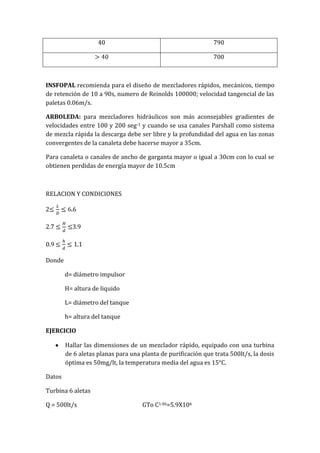 40 790
700
INSFOPAL recomienda para el diseño de mezcladores rápidos, mecánicos, tiempo
de retención de 10 a 90s, numero de Reinolds 100000; velocidad tangencial de las
paletas 0.06m/s.
ARBOLEDA: para mezcladores hidráulicos son más aconsejables gradientes de
velocidades entre 100 y 200 seg-1 y cuando se usa canales Parshall como sistema
de mezcla rápida la descarga debe ser libre y la profundidad del agua en las zonas
convergentes de la canaleta debe hacerse mayor a 35cm.
Para canaleta o canales de ancho de garganta mayor o igual a 30cm con lo cual se
obtienen perdidas de energía mayor de 10.5cm
RELACION Y CONDICIONES
2
2.7 3.9
0.9
Donde
d= diámetro impulsor
H= altura de liquido
L= diámetro del tanque
h= altura del tanque
EJERCICIO
Hallar las dimensiones de un mezclador rápido, equipado con una turbina
de 6 aletas planas para una planta de purificación que trata 500lt/s, la dosis
óptima es 50mg/lt, la temperatura media del agua es 15°C.
Datos
Turbina 6 aletas
Q = 500lt/s GTo C1.46=5.9X106
 