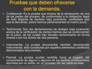Pruebas que deben ofrecerse
con la demanda.


Confesional: Es la prueba que emana de la declaración de una
de las partes del proceso, de conformidad a la obligación legal
de todo litigante de declarar bajo juramento, contestada que
sea la demanda, sobre hechos pertenecientes al mismo juicio.



Testimonial: Son las declaraciones de testigos bajo juramento
acerca de la verificación de ciertos hechos que se controvierten
en el juicio, de los cuales han tomado conocimiento en forma
directa o por los dichos de otra persona.



Instrumental: La prueba documental, también denominada
instrumental, está constituida por aquellos elementos crediticios
denominados documentos.



Pericial: La prueba auxiliar remitida hacia al juzgado del
conocimiento de alguno o algunos de los hechos controvertidos
aportada por un perito. en un proceso, sin ser parte en éste.

 