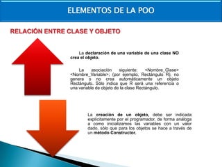 ELEMENTOS DE LA POO
RELACIÓN ENTRE CLASE Y OBJETO

La declaración de una variable de una clase NO
crea el objeto.
La
asociación
siguiente:
<Nombre_Clase>
<Nombre_Variable>; (por ejemplo, Rectángulo R), no
genera o no crea automáticamente un objeto
Rectángulo. Sólo indica que R será una referencia o
una variable de objeto de la clase Rectángulo.

La creación de un objeto, debe ser indicada
explícitamente por el programador, de forma análoga
a como inicializamos las variables con un valor
dado, sólo que para los objetos se hace a través de
un método Constructor.

 