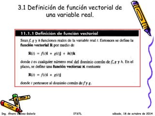 3.1 Definición de función vectorial de
una variable real.
Ing. Álvaro Chávez Galavíz ITSTL sábado, 18 de octubre de 2014