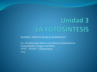SANDRA YANETH MURCIA RODRIGUEZ 
Lic. En educación básica con énfasis en matemáticas, 
humanidades y lengua castellana 
UPTC . FESAD – Chiquinquirá 
2014 
 