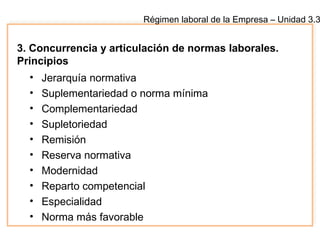 Régimen laboral de la Empresa – Unidad 3.3
3. Concurrencia y articulación de normas laborales.
Principios
• Jerarquía normativa
• Suplementariedad o norma mínima
• Complementariedad
• Supletoriedad
• Remisión
• Reserva normativa
• Modernidad
• Reparto competencial
• Especialidad
• Norma más favorable
 
