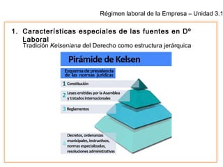 Régimen laboral de la Empresa – Unidad 3.1
1. Características especiales de las fuentes en Dº
Laboral
Tradición Kelseniana del Derecho como estructura jerárquica
 