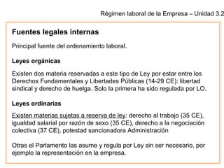 Régimen laboral de la Empresa – Unidad 3.2
Fuentes legales internas
Principal fuente del ordenamiento laboral.
Leyes orgánicas
Existen dos materia reservadas a este tipo de Ley por estar entre los
Derechos Fundamentales y Libertades Públicas (14-29 CE): libertad
sindical y derecho de huelga. Solo la primera ha sido regulada por LO.
Leyes ordinarias
Existen materias sujetas a reserva de ley: derecho al trabajo (35 CE),
igualdad salarial por razón de sexo (35 CE), derecho a la negociación
colectiva (37 CE), potestad sancionadora Administración
Otras el Parlamento las asume y regula por Ley sin ser necesario, por
ejemplo la representación en la empresa.
 