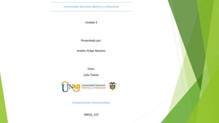 Universidad Nacional Abierta y a Distancia
Unidad 3
Presentado por:
Andres Felipe Ramírez
Tutor:
Julio Tulane
Competencias Comunicativas
50010_122
 