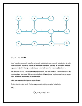 FLUJO MÁXIMO
Aquí encontramos un solo nodo fuente (un solo nodo de entrada) y un solo nodo destino (un solo
nodo de salida) el objetivo consiste en encontrar la máxima cantidad de flujo total (petróleo,
agua, mensajes, tránsito) que puede circular a través de la red en una unidad de tiempo.
La cantidad de flujo por unidad de tiempo en cada arco está limitado por las restricciones de
capacidad por ejemplo el diámetro del oleoducto del petróleo, el púnico requerimiento es que
para cada nodo se cumpla la siguiente relación:
Flujo que sale del nodo=flujo que entra al nodo.
En términos formales siendo 1 la fuente y m el destino debe cumplirse lo siguiente:
MAX f
∑ 𝑋𝑖𝑗 − 𝑋𝑖𝑗 = −𝑓; 𝑖 = 𝑛
1
1211109
5 6 7 8
2 3 46
1
5
4
3
25
1
3 1
2
 