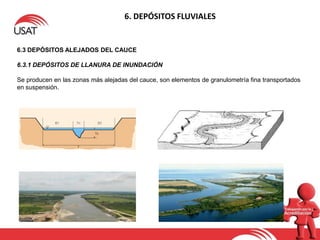 6. DEPÓSITOS FLUVIALES
6.3 DEPÓSITOS ALEJADOS DEL CAUCE
6.3.1 DEPÓSITOS DE LLANURA DE INUNDACIÓN
Se producen en las zonas más alejadas del cauce, son elementos de granulometría fina transportados
en suspensión.
 