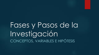 Fases y Pasos de la
Investigación
CONCEPTOS, VARIABLES E HIPÓTESIS
 