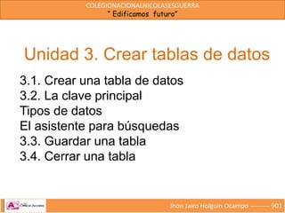 COLEGIONACIONALNICOLASESGUERRA
“ Edificamos futuro”
Jhon Jairo Holguin Ocampo --------- 901
Unidad 3. Crear tablas de datos
3.1. Crear una tabla de datos
3.2. La clave principal
Tipos de datos
El asistente para búsquedas
3.3. Guardar una tabla
3.4. Cerrar una tabla
 