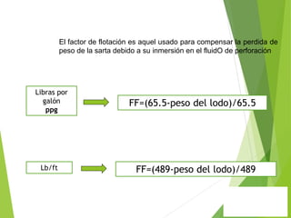 El factor de flotación es aquel usado para compensar la perdida de
peso de la sarta debido a su inmersión en el fluidO de perforación
FF=(65.5-peso del lodo)/65.5
Libras por
galón
ppg
Lb/ft FF=(489-peso del lodo)/489
 