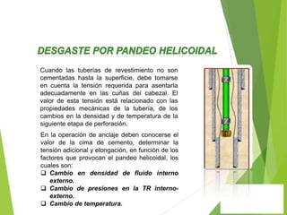 Cuando las tuberías de revestimiento no son
cementadas hasta la superficie, debe tomarse
en cuenta la tensión requerida para asentarla
adecuadamente en las cuñas del cabezal. El
valor de esta tensión está relacionado con las
propiedades mecánicas de la tubería, de los
cambios en la densidad y de temperatura de la
siguiente etapa de perforación.
En la operación de anclaje deben conocerse el
valor de la cima de cemento, determinar la
tensión adicional y elongación, en función de los
factores que provocan el pandeo helicoidal, los
cuales son:
 Cambio en densidad de fluido interno
externo.
 Cambio de presiones en la TR interno-
externo.
 Cambio de temperatura.
 