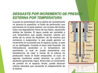 Cuando la cementación de la tubería de revestimiento
no alcanza la superficie, el fluido de perforación que
permanece en la parte exterior, por el paso del tiempo
sufre una degradación física de sus fases, separando
sólidos de líquidos. El agua, puede ser sometida a
una temperatura que pueda alcanzar valores por
arriba de su punto de ebullición, de tal manera que
comienza a evaporarse, lo que puede generar un
incremento en la presión por el espacio anular, si esta
no es desfogada. Cuando el pozo está fluyendo, los
hidrocarburos ascienden a la temperatura del
yacimiento, la cual se puede presentarse una
transferencia de calor a través de la tubería de
producción hacia el fluido empacante, el cual, en
algunas ocasiones puede alcanzar su punto de
ebullición generando vapor. Ahora bien un incremento
de presión en el espacio anular, puede alcanzar
valores elevados que causando el colapsamiento de
la tubería.
 