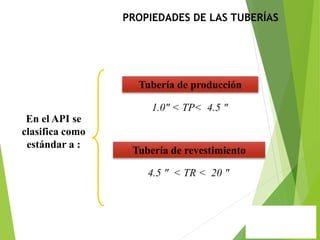 En el API se
clasifica como
estándar a :
Tubería de producción
1.0" < TP< 4.5 "
Tubería de revestimiento
4.5 " < TR < 20 "
PROPIEDADES DE LAS TUBERÍAS
 