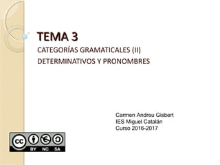 TEMA 3TEMA 3
CATEGORÍAS GRAMATICALES (II)
DETERMINATIVOS Y PRONOMBRES
Carmen Andreu Gisbert
IES Miguel Catalán
Curso 2016-2017
 