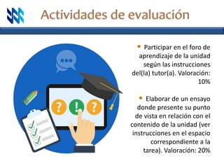  Participar en el foro de
aprendizaje de la unidad
según las instrucciones
del(la) tutor(a). Valoración:
10%
 Elaborar de un ensayo
donde presente su punto
de vista en relación con el
contenido de la unidad (ver
instrucciones en el espacio
correspondiente a la
tarea). Valoración: 20%
 