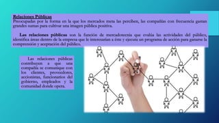 Relaciones Públicas
Preocupadas por la forma en la que los mercados meta las perciben, las compañías con frecuencia gastan
grandes sumas para cultivar una imagen pública positiva.
Las relaciones públicas son la función de mercadotecnia que evalúa las actividades del público,
identifica áreas dentro de la empresa que le interesarían a éste y ejecuta un programa de acción para ganarse la
comprensión y aceptación del público.
Las relaciones públicas
contribuyen a que una
compañía se comunique con
los clientes, proveedores,
accionistas, funcionarios del
gobierno, empleados y la
comunidad donde opera.
 