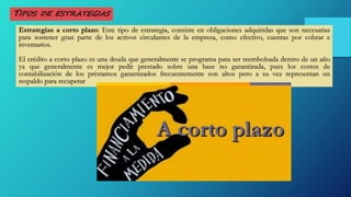 TIPOS DE ESTRATEGIAS
Estrategias a corto plazo: Este tipo de estrategia, consiste en obligaciones adquiridas que son necesarias
para sostener gran parte de los activos circulantes de la empresa, como efectivo, cuentas por cobrar e
inventarios.
El crédito a corto plazo es una deuda que generalmente se programa para ser reembolsada dentro de un año
ya que generalmente es mejor pedir prestado sobre una base no garantizada, pues los costos de
contabilización de los préstamos garantizados frecuentemente son altos pero a su vez representan un
respaldo para recuperar
 