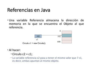 Referencias	en	Java
– Una variable Referencia almacena la dirección de
memoria en la que se encuentra el Objeto al que
referencia.
– Al	hacer:	
– Circulo	c2	=	c1;	
– La	variable	referencia	c2	pasa	a	tener	el	mismo	valor	que	7	c1,	
es	decir,	ambas	apuntan	al	mismo	objeto.
 