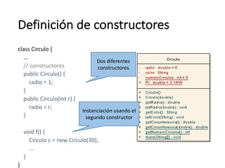 Definición	de	constructores
class	Circulo {
...
//	constructores
public	Circulo()	{
radio	=	1;
}
public	Circulo(int r)	{
radio	=	r;
}
void	f()	{
Circulo c	=	new	Circulo(30);
...
}
}
Dos	diferentes	
constructores
Instanciación	usando	el	
segundo	constructor
 